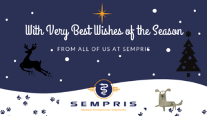 A snowy scene with midnight blue sky, a reindeer and dog and message 'Very best wishes from SEMPRIS'